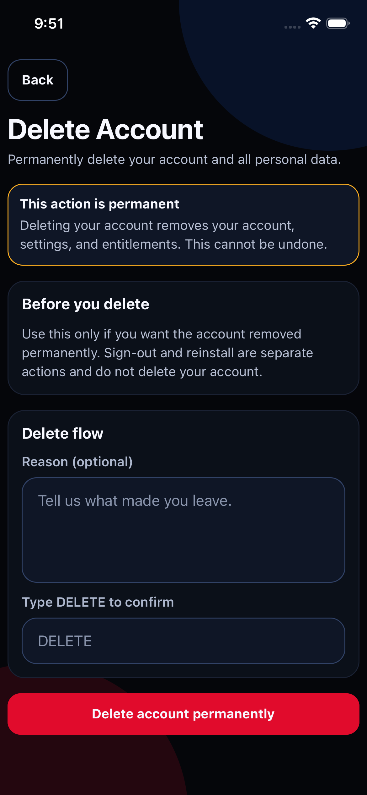 Grow As You Go account trust screen showing delete-account controls and permanent action messaging.