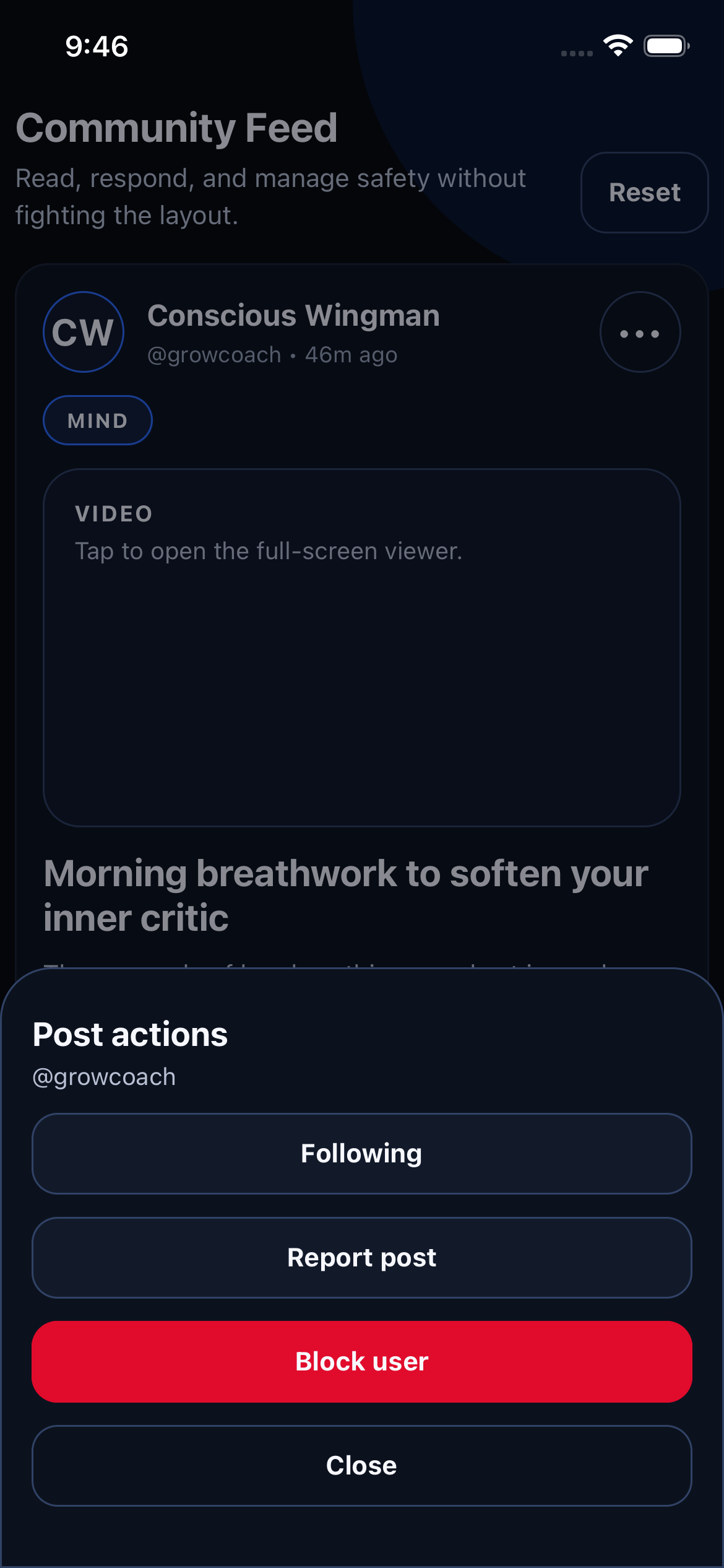 Grow As You Go community screen showing post actions including report and block controls.