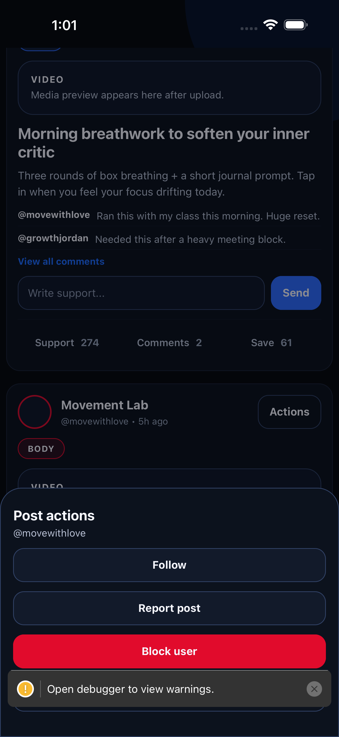 Grow As You Go community view showing social and moderation controls.