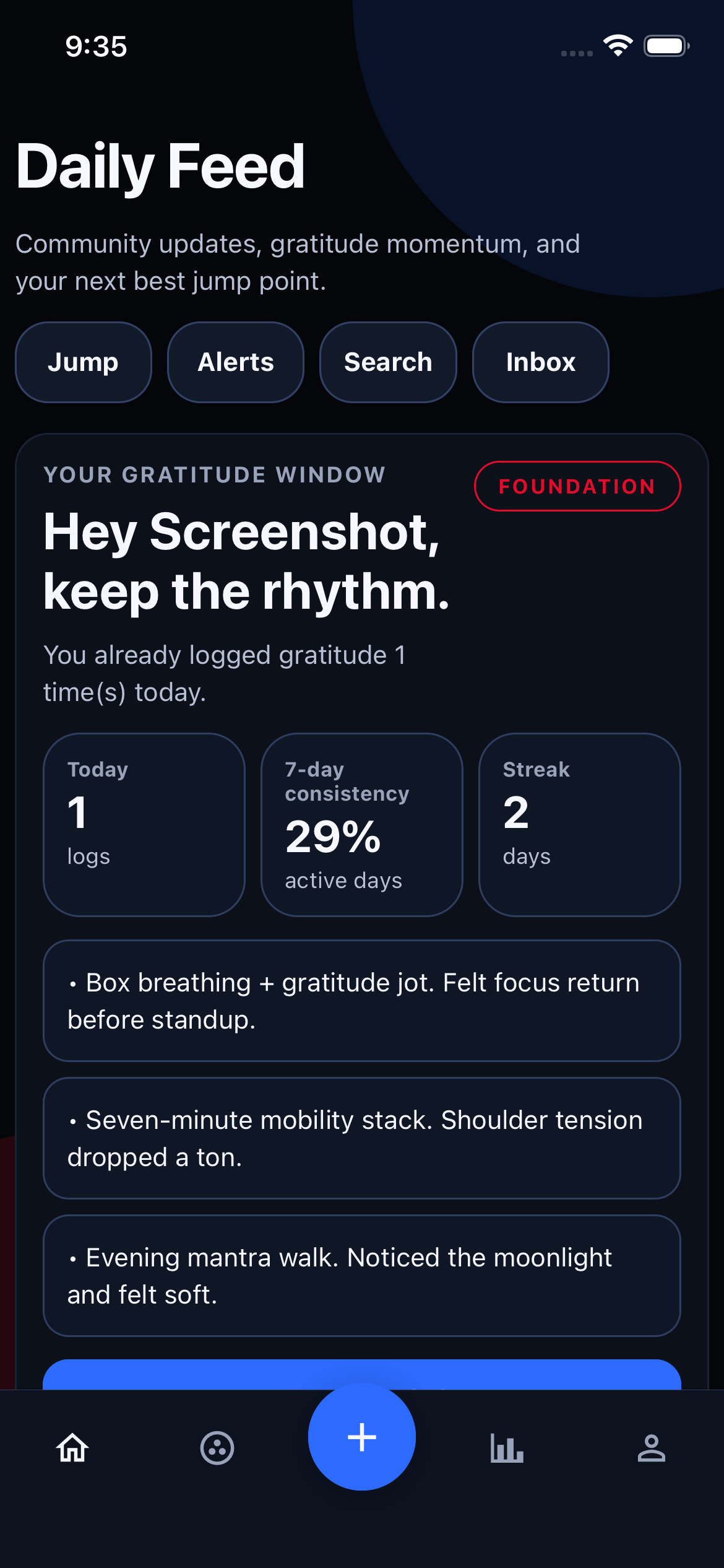 Grow As You Go first-step screen showing the daily feed and the first action a user can take.