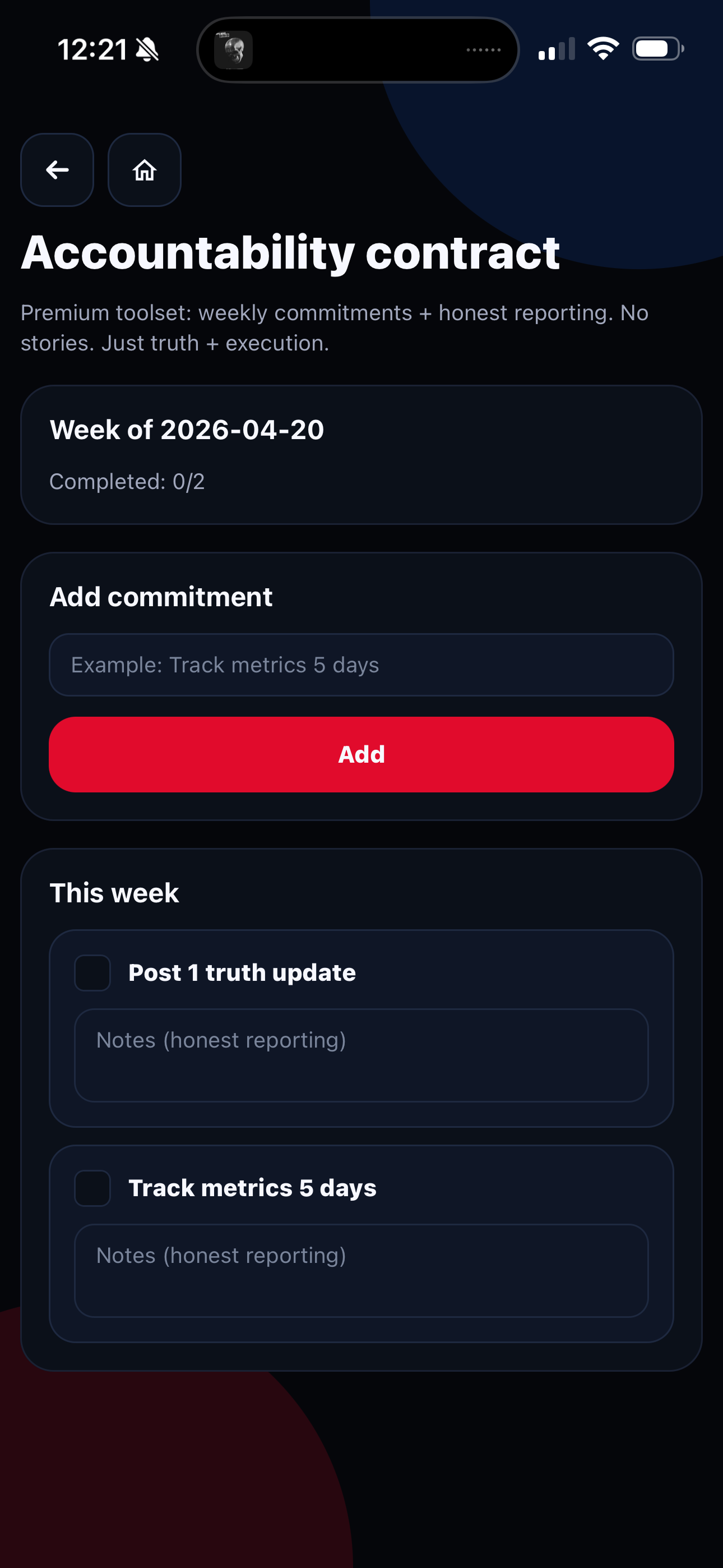 Grow As You Go Accountability Contract screen showing weekly commitments and honest reporting.