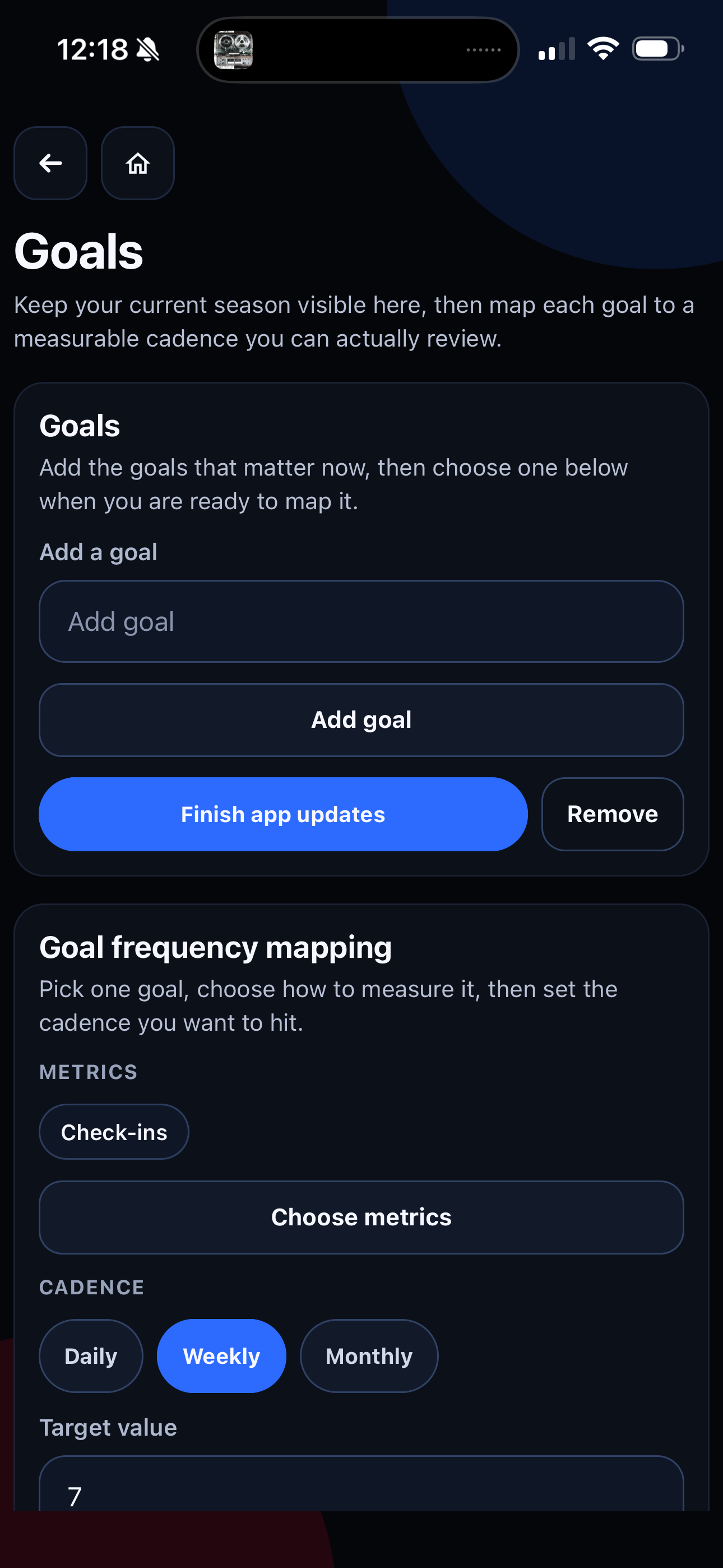 Grow As You Go Goals screen showing goal entry, frequency mapping, cadence, and target value controls.