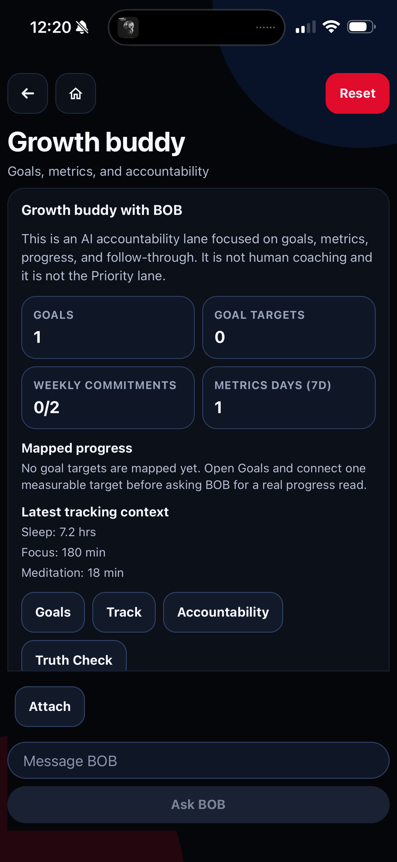 Grow As You Go Growth Buddy screen showing goals, metrics, mapped progress, and BOB accountability tools.
