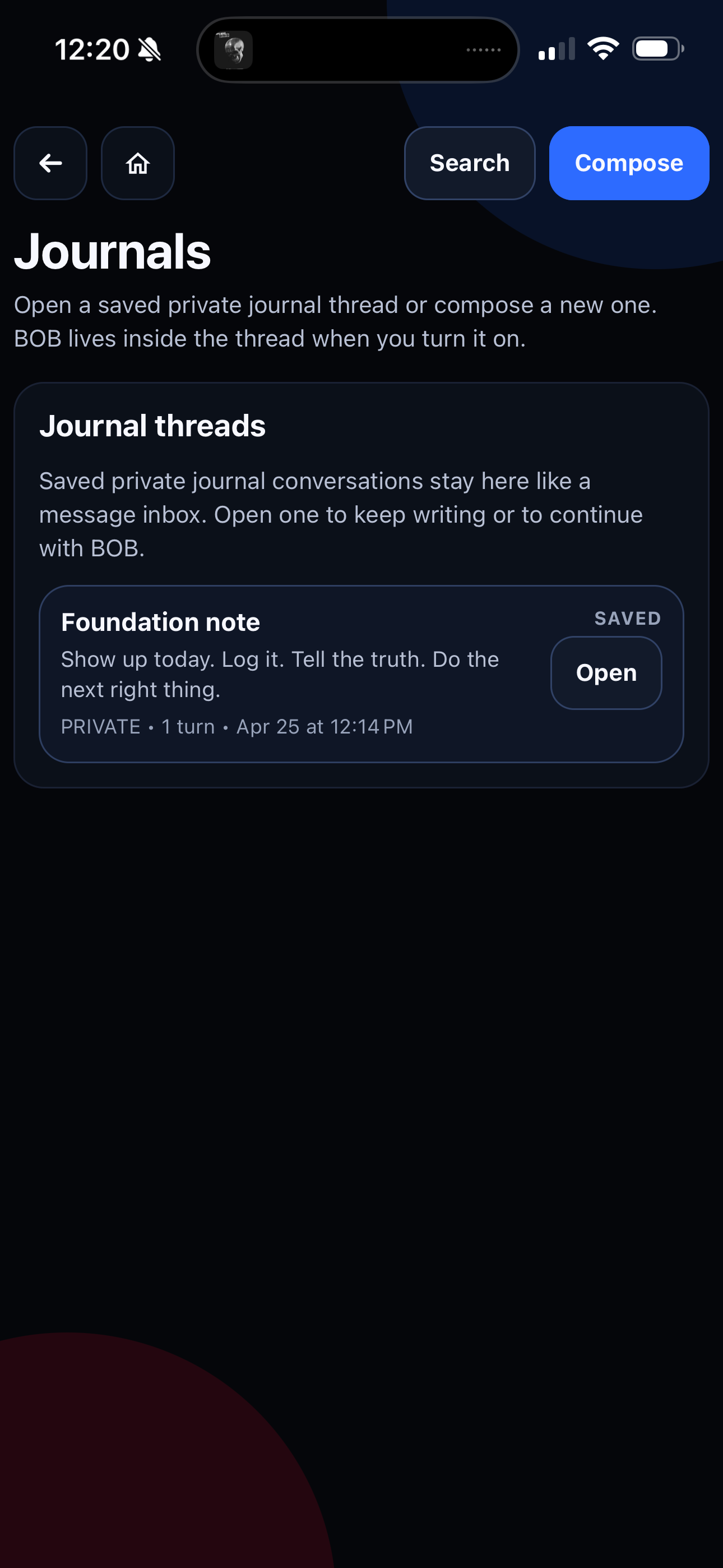 Grow As You Go private journal threads screen showing saved reflections and compose actions.