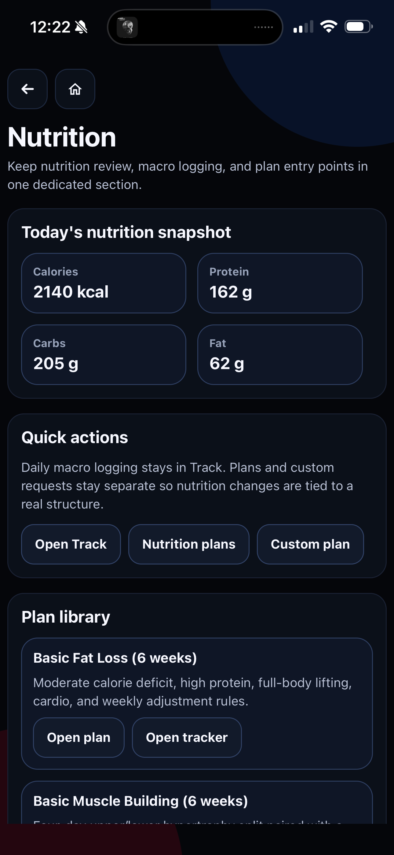 Grow As You Go Nutrition screen showing calories, macros, quick actions, and plan library entry points.