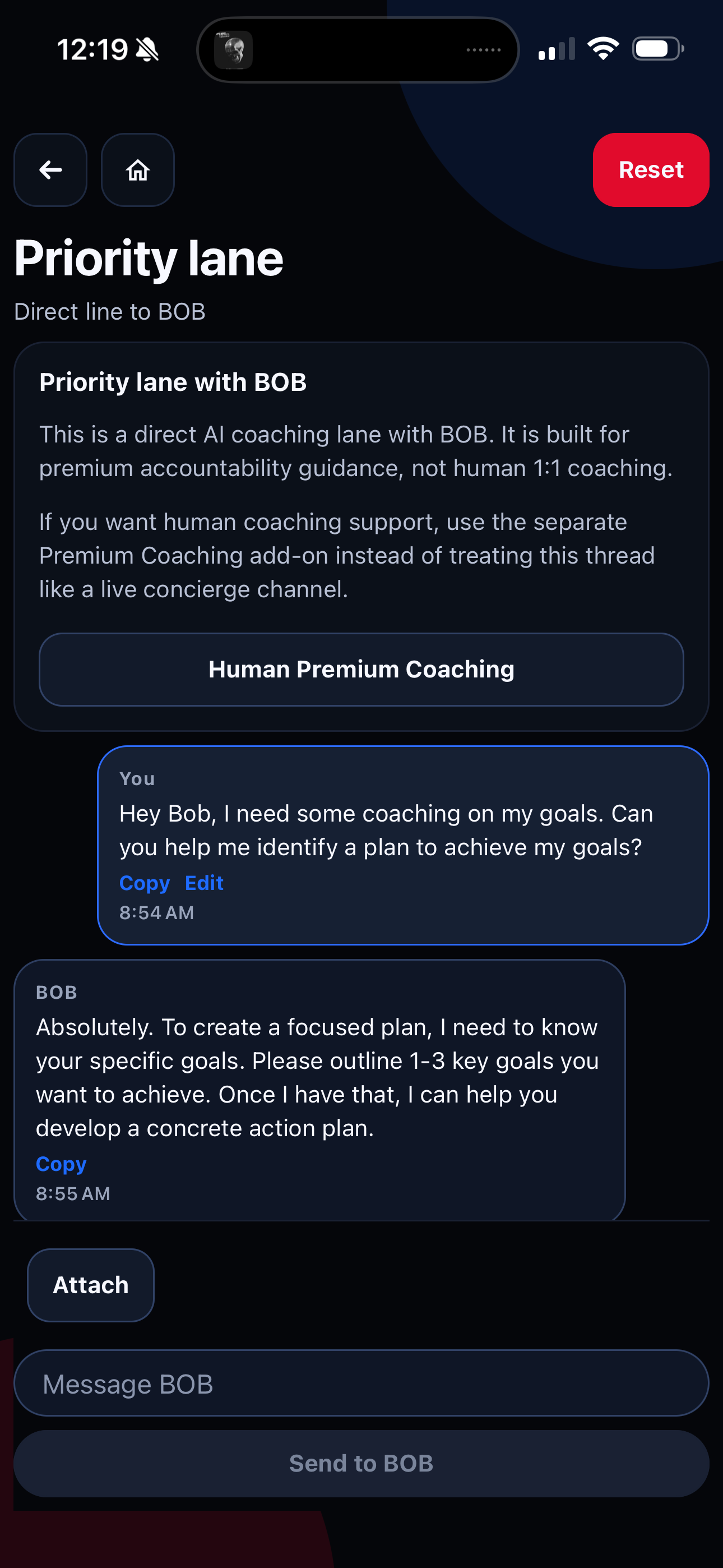 Grow As You Go Priority Lane screen showing a direct BOB coaching lane and message thread.