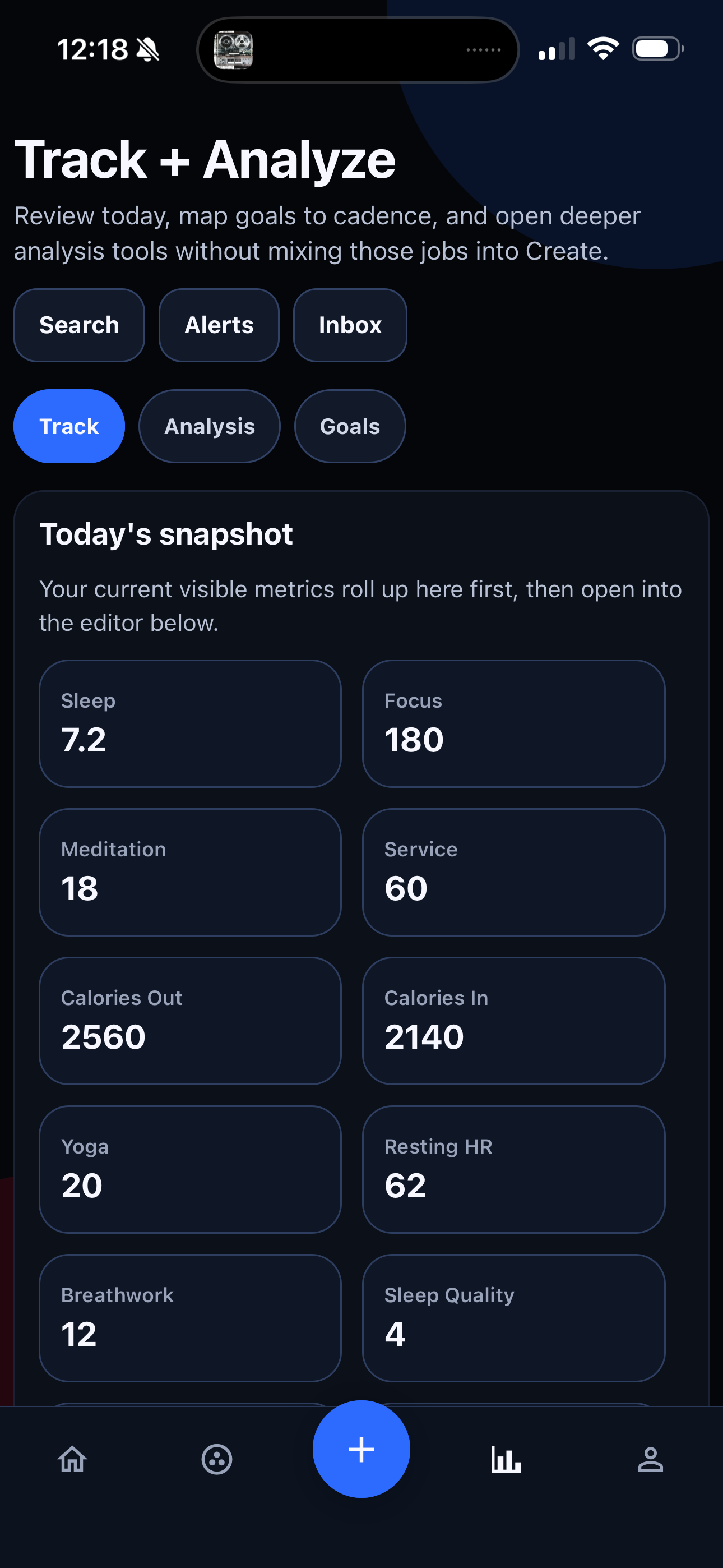Grow As You Go track and analyze screen showing a daily snapshot of metrics and deeper measurement tools.
