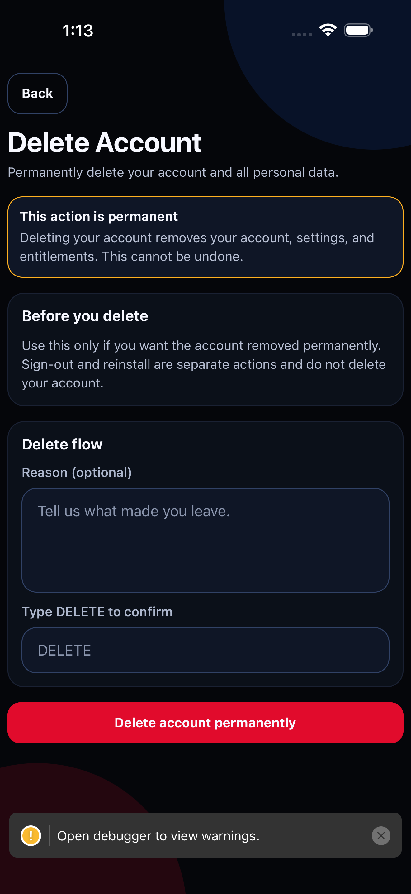 Grow As You Go settings flow with legal and account controls.